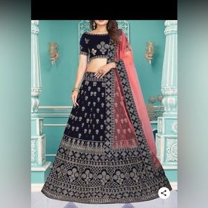 Modern Velvet Navy Blue Embroidery
Zari Work Bridal Lehenga Choli.